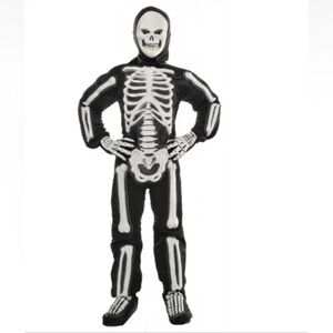 Skeleton Scary Bones Child Halloween Costume Size M 8-10 Jumpsuit Mask Gloves+